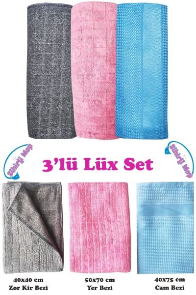 3'lü Lüx Bez Seti Zor Kir Bezi + Yer Bezi + Cam Bezi