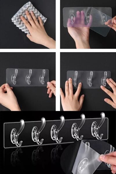 Yapışkan Askı 6'lı Şeffaf Askı 3 Adet