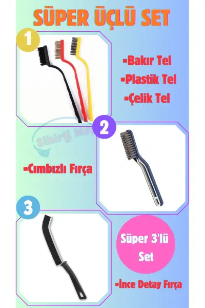 Süper 3'lü Set Detay Fırçası İnce Temizlik Fırçası Cımbızlı Fırça Set
