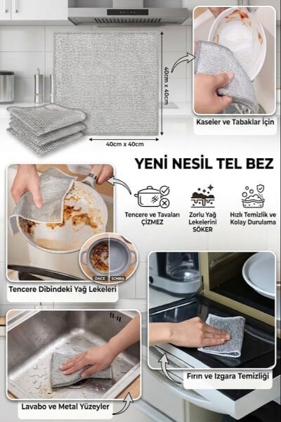 Çift Taraflı Tel Bez  Bulaşık ve İnox Zor Kir Bezi 3 Adet